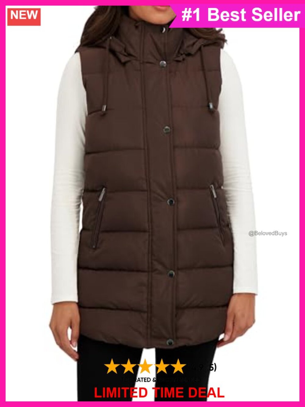 Quilted Faux Down Puffer Vest Hooded Sleeveless Winter Layer